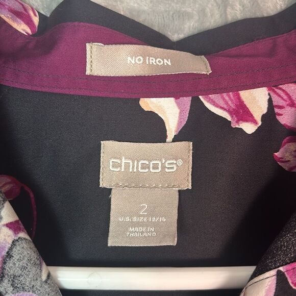 Chico’s Black Purple Floral Button Front Top Long Sleeve Blouse Size 2 - Picture 2 of 8